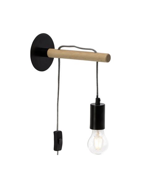 Wandlamp Jarbo met stekker, Frame: hout, Fitting: gelakt metaal, Zwart, helder hout, D 23 x H 26 cm