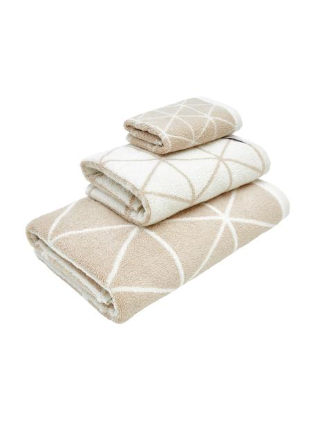 Dubbelzijdige handdoekenset Elina, 3-delig, Zandkleurig & crèmewit, patroon, Set met verschillende formaten