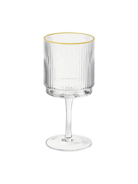 Copas de vino artesanales con relieve Minna, 4 uds., Vidrio soplado artesanalmente, Transparente, dorado, Ø 8 x Al 17 cm