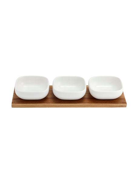 Set de cuencos Essentials, 4 pzas., Cuencos: porcelana, Bandeja: madera de acacia, Blanco, acacia, Set de diferentes tamaños