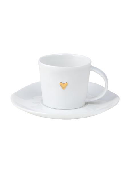 Espressotasse Heart mit Untertasse aus Porzellan, Porzellan, glasiert, Weiß, Goldfarben, Ø 6 x H 5 cm, 80 ml