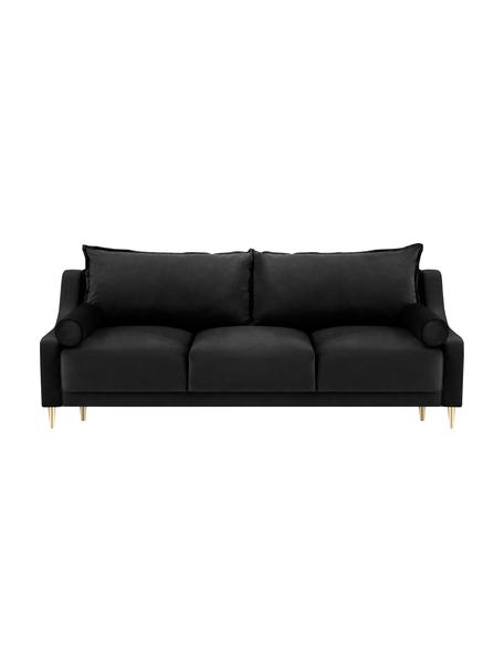 Sofá cama Lea (3 plazas), con espacio de almacenamiento, Tapizado: terciopelo de poliéster A, Patas: metal con pintura en polv, Terciopelo negro, patas latón, An 215 x F 94 cm