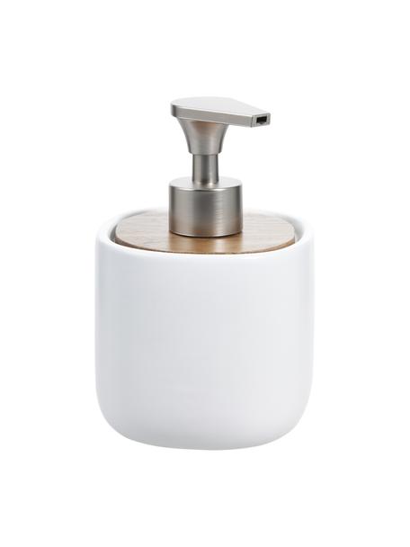 Dosificador de jabón Wili, Recipiente: cerámica, Dosificador: plástico, Blanco, madera de acacia, Ø 10 x Al 14 cm