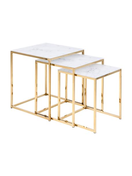 Set 3 tavolini con piano in marmo Aruba, Struttura: metallo verniciato a polv, Bianco, marmorizzato, dorato, Set in varie misure