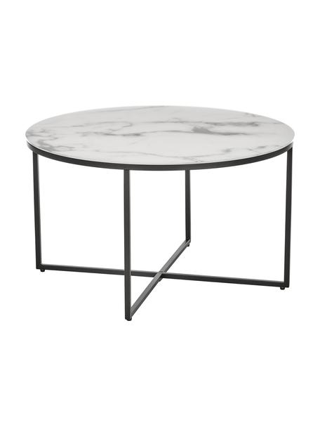 Couchtisch Antigua mit marmorierter Glasplatte, Tischplatte: Glas, matt bedruckt, Gestell: Stahl, pulverbeschichtet, Weiß-grau marmoriert, Schwarz, Ø 80 x H 45 cm