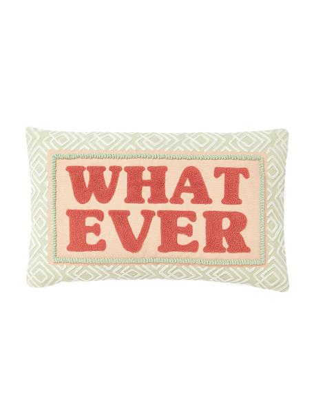 Kissenhülle Whatever mit bestickter Aufschrift, Hellgrün, Apricot, Korallrot, B 30 x L 50 cm