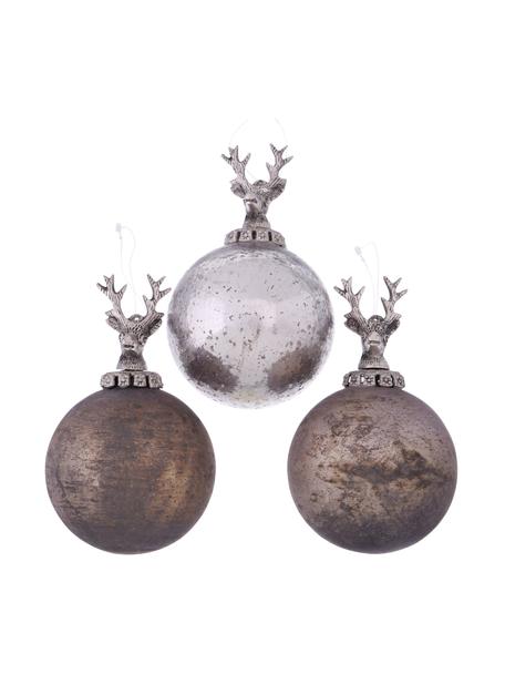 Handgefertigtes Weihnachtskugeln-Set Sainte, 3-tlg., Grau, Braun, Silberfarben, Ø 10 x H 10 cm