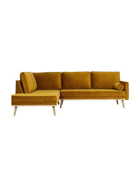 Sofa narożna z aksamitu z nogami z drewna dębowego Saint (3-osobowa), Tapicerka: aksamit (poliester) Dzięk, Aksamitny musztardowy, S 243 x G 220 cm