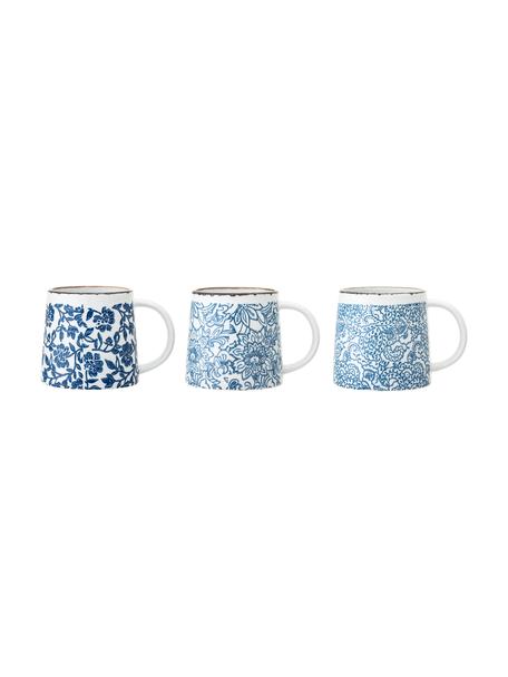 Handgemachte Tassen Molly mit blauem Blumenmuster, 3er-Set, Steingut, Weiß, Blautöne, Ø 10 x H 10 cm, 400 ml