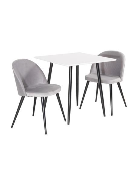 Komplet stołu do jadalni z krzesłami Polar, 3 elem., Blat: płyta pilśniowa średniej , Nogi: metal malowany proszkowo, Tapicerka: aksamit (100% poliester) , Nogi: metal malowany proszkowo, Szary aksamit, biały, czarny, Komplet z różnymi rozmiarami
