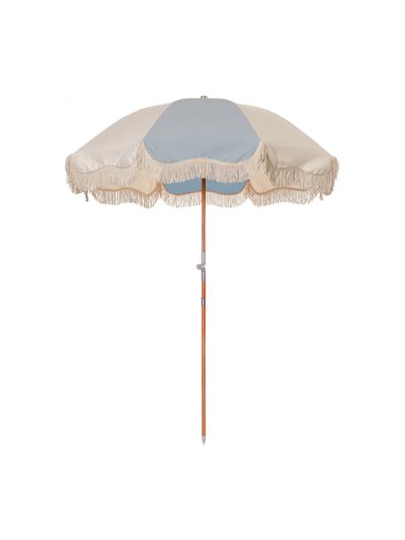 Parasol ogrodowy z frędzlami Retro, Stelaż: drewno naturalne, laminow, Jasny niebieski, kremowobiały, Ø 180 x W 230 cm