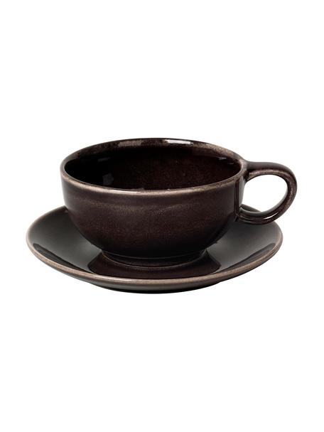 Ręcznie wykonany kubek ze spodkiem Nordic Coal, Kamionka, Szarobrązowy, Ø 11 x W 5 cm, 250 ml