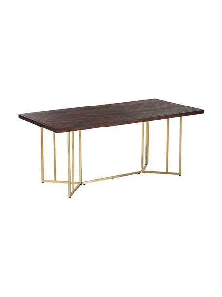 Jídelní stůl z mangového dřeva se vzorem rybí kosti Luca, Deska stolu: tmavě lakované mangové dřevo Rám: zlatá