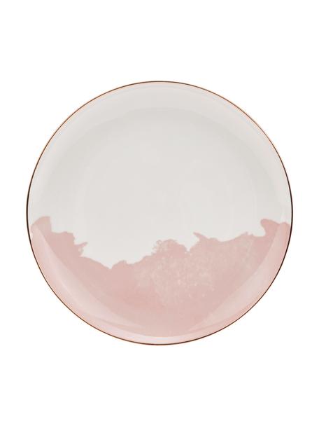 Porseleinen ontbijtborden Rosie met abstract patroon en goudkleurige rand, 2 stuks, Porselein, Wit, roze, Ø 21 x H 2 cm