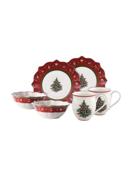 Súprava tanierov z porcelánu Delight  2 osoby (6 dielov), Premium porcelán, Biela, červená, vzorovaná, Súprava s rôznymi veľkosťami