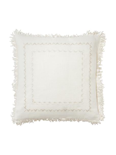 Housse de coussin 45x45 brodée à franges Nedda, Tons beiges, larg. 45 x long. 45 cm