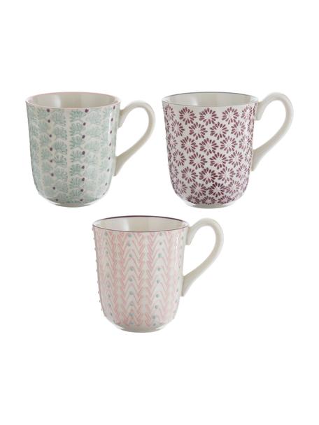 Tassen Maya mit kleinem Muster, 3er-Set, Steingut, Cremeweiß, Grün, Lila, Rosa, Ø 9 x H 10 cm, 360 ml