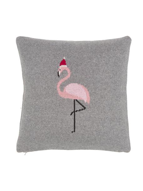 Strick-Kissenhülle Flamingo, Baumwolle, Grau, Mehrfarbig, B 40 x L 40 cm