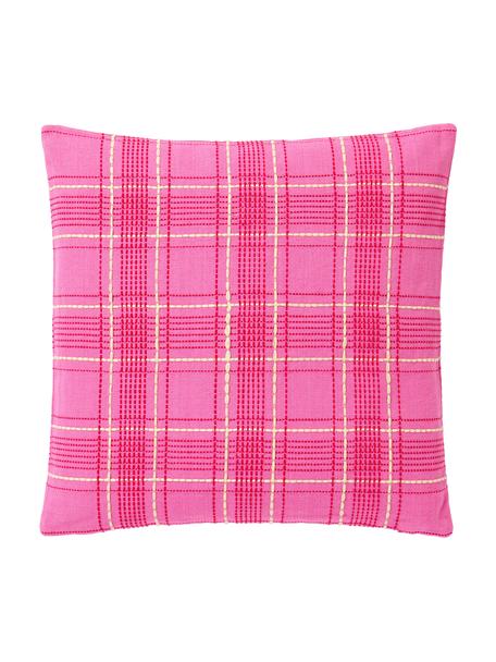 Geruite katoenen kussenhoes Orla met borduursel, 100% katoen, Roze, B 45 x L 45 cm