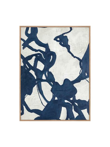 Ręcznie malowany obraz na płótnie w drewnianej ramie Blueplay, Stelaż: drewno sosnowe, Biały, ciemny niebieski, S 92 x W 120 cm
