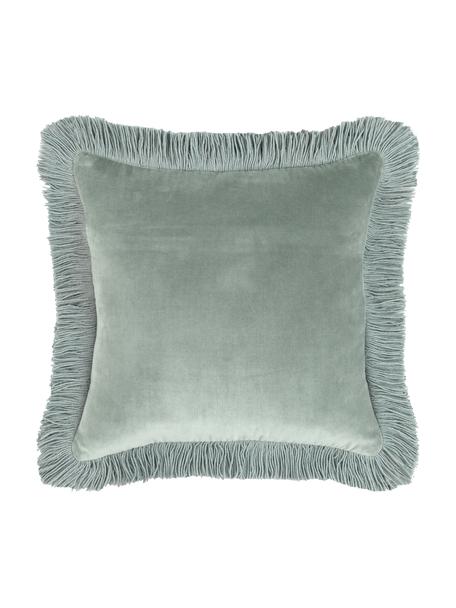 Sametový povlak na polštářs třásněmi Phoeby, 100 % bavlna, Šalvějově zelená, Š 40 cm, D 40 cm