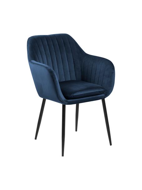 Sametová židle s područkami a kovovými nohami Emilia, Tmavě modrá, černá, Š 57 cm, H 59 cm