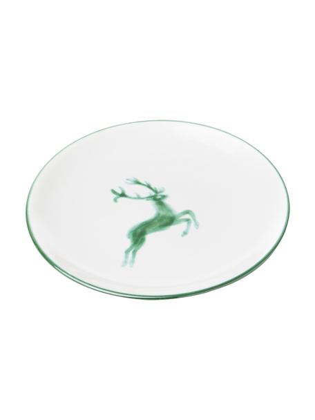 Handbeschilderd dessertbord Classic Green Deer, Keramiek, Groen, wit, Ø 20 cm