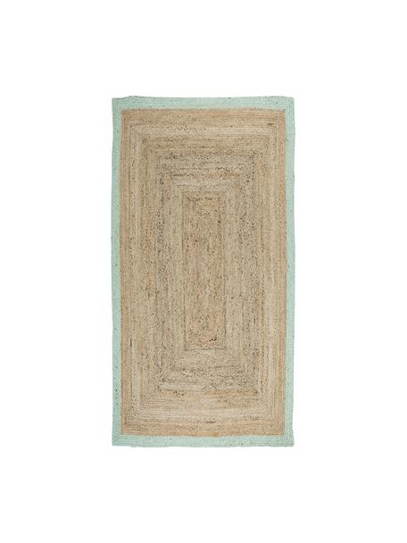 Handgefertigter Jute-Teppich Shanta mit mintgrünem Rand, 100% Jute, Beige, Mintgrün, B 80 x L 150 cm (Größe XS)