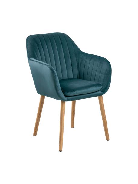 Sametová židle s područkami a dřevěnými nohami Emilia, Modrá, dubové dřevo, Š 57 cm, H 59 cm