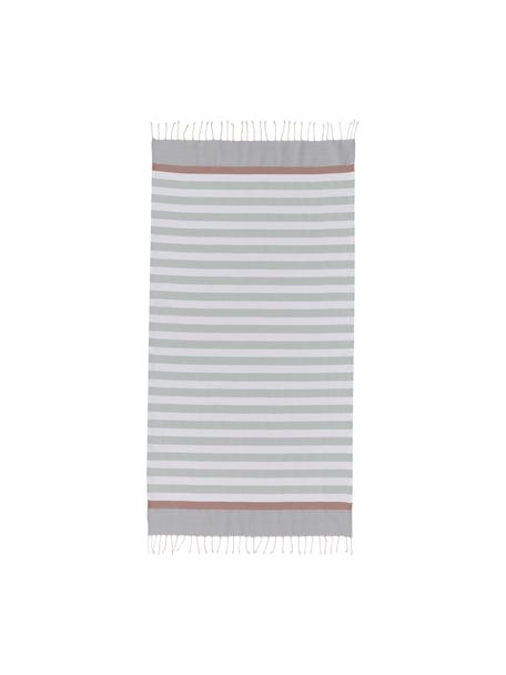 Gestreiftes Strandtuch Arcachon mit Fransen, 100% Baumwolle, Weiß, Puderrosa, Hellgrau, Hellgrün, 100 x 200 cm