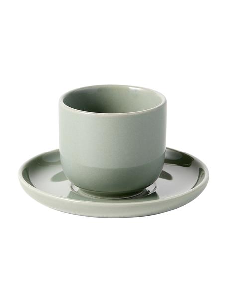 Porcelánové pohárky na espresso s podšálky Nessa, 4 ks, Vysoce kvalitní porcelán, Šalvějově zelená, Š 7 cm, V 6 cm