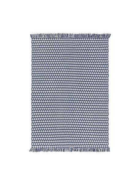 Alfombra de interior/exterior con flecos Morty, 100% poliéster (PET reciclado), Azul oscuro, Off White, An 80 x L 150 cm (Tamaño XS)