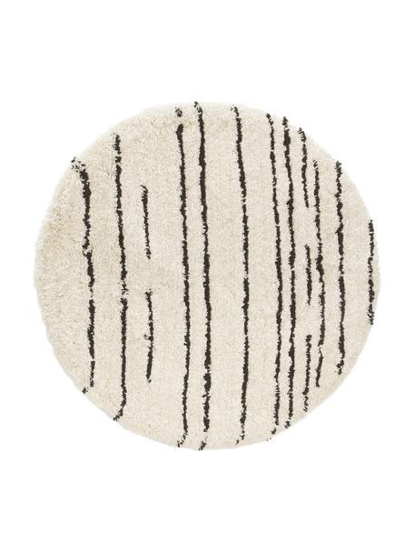 Alfombra redonda artesanal de pelo largo Dunya, Parte superior: 100% poliéster, Reverso: 100% algodón, Beige, negro, Ø 120 cm (Tamaño S)