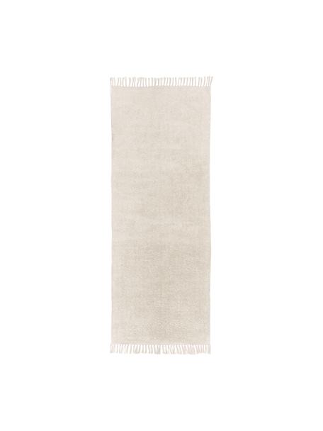 Tapis de couloir blanc en coton à franges, tufté main Daya, Crème, larg. 80 x long. 300 cm