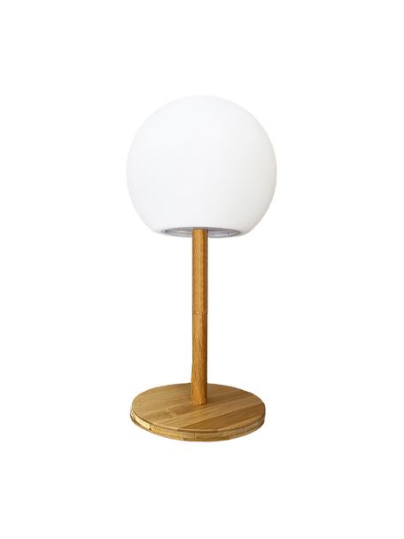 Lampada da tavolo da esterno mobile dimmerabile con base in bambù Luny, Paralume: polietilene, Base della lampada: legno di bambù, Marrone chiaro, bianco, Ø 13 x Alt. 28 cm