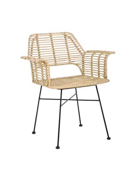 Krzesło z podłokietnikami z rattanu Tunas, Stelaż: metal malowany proszkowo, Beżowy, czarny, S 65 x G 59 cm