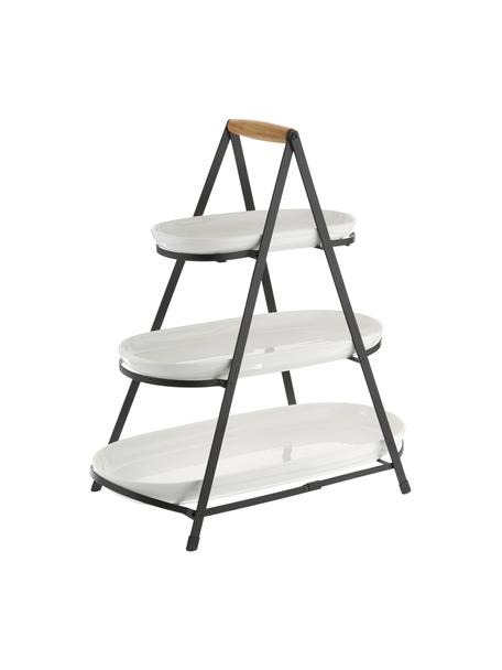 Alzatina con ripiani estraibili in porcellana Tower, Ripiani: porcellana, Struttura: metallo, Manico: legno, Bianco, nero, Larg. 50 x Alt. 55 cm