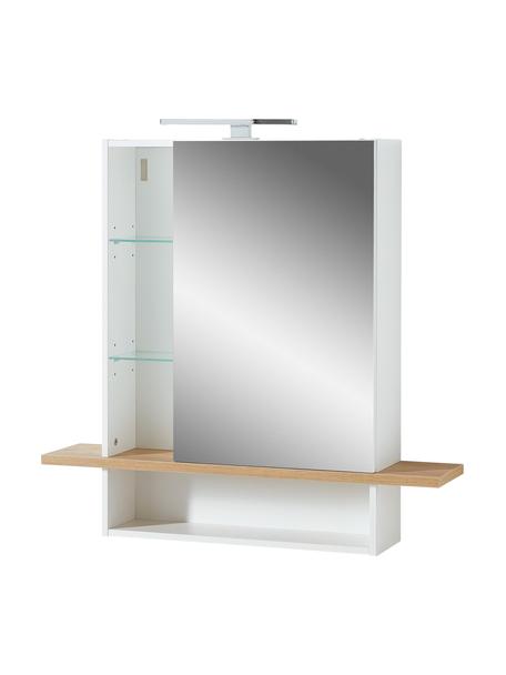 Badkamer spiegelkast Rodrigo met LED verlichting, Frame: spaanplaat, melamine geco, Plank: spaanplaat met melamineha, Wit, hout, zilverkleurig, B 90 x H 91 cm