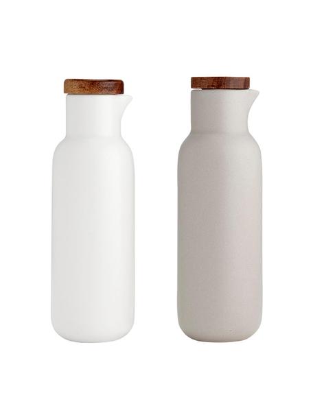 Azijn- en olie-dispenser Essentials van porselein en acaciahout, set van 2, Wit, lichtgrijs, Ø 6 x H 18 cm