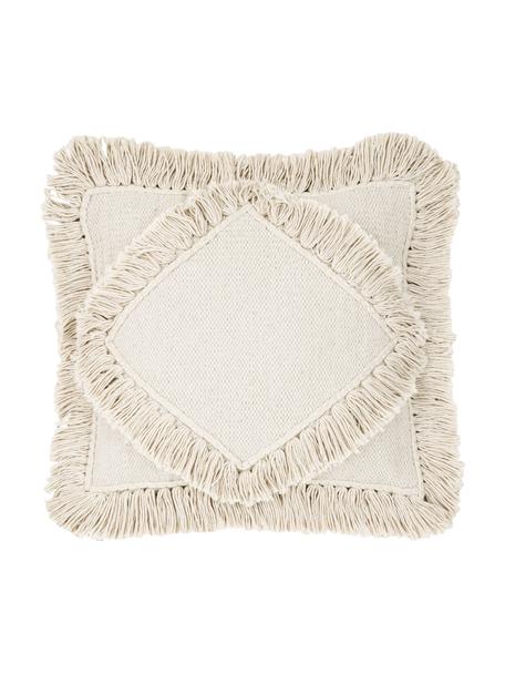 Poszewka na poduszkę z frędzlami Kaheka, 100% bawełna, Ecru, S 45 x D 45 cm