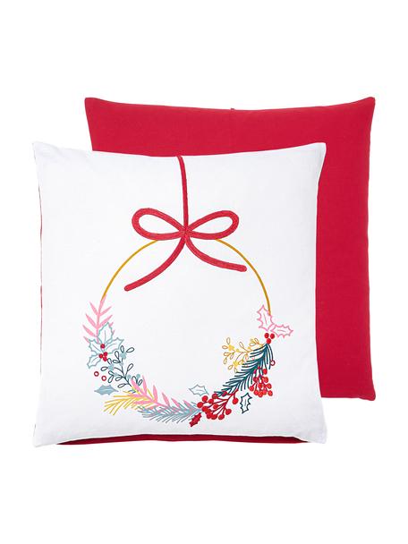 Bestickte Kissenhülle Tinsel mit weihnachtlichem Motiv, 100 % Baumwolle, Rot, Weiss, Bunt, B 45 x L 45 cm
