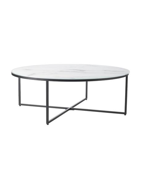 Table basse ronde XL avec plateau en verre aspect marbre Antigua, Blanc aspect marbre, noir, Ø 100 cm