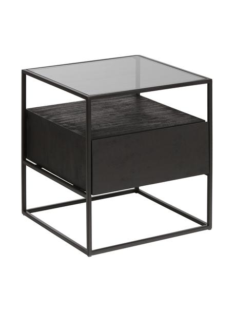 Nachttisch Theodor mit Schublade, Tischplatte: Glas, Gestell: Metall, pulverbeschichtet, Holz, schwarz lackiert, B 45 x H 50 cm