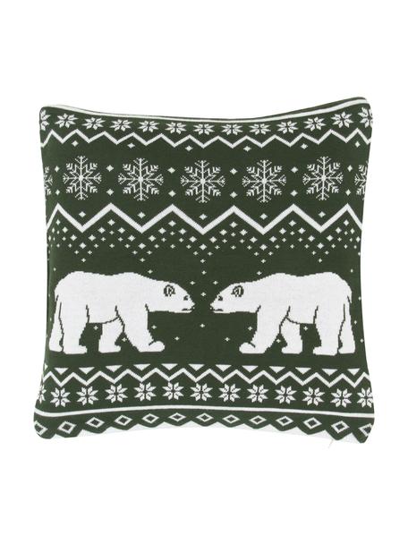 Strick-Kissenhülle Bear, 100% Baumwolle, Dunkelgrün, Weiß, B 40 x L 40 cm