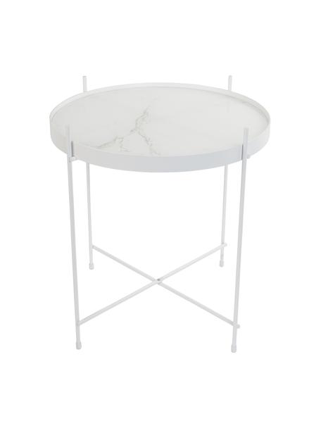 Tavolino-vassoio rotondo con piano in vetro effetto marmo Cupid, Struttura: ferro verniciato a polver, Bianco, Ø 43 x Alt. 45 cm