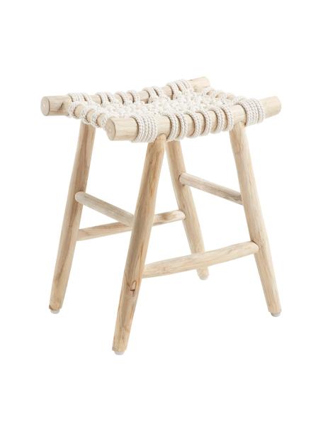 Hocker Edgard im Boho Style, Beine: Teakholz, naturbelassen, Sitzfläche: Baumwollseilgurt, Teakholz, B 45 x H 45 cm