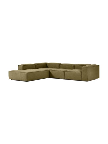 Canapé d'angle XL modulable vert Lennon, Tissu vert, larg. 329 x prof. 68 cm, méridienne à gauche