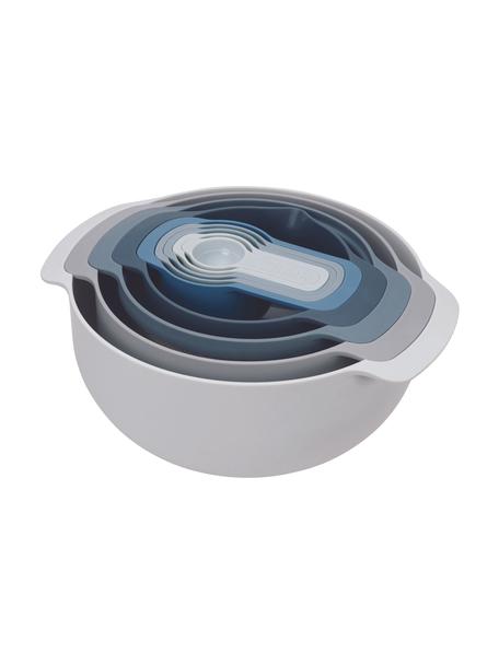 Schüssel- und Messlöffel-Set Nest, 9-tlg., Polypropylen, Edelstahl, Blau- und Grautöne, Set mit verschiedenen Größen