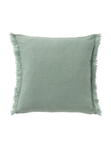 Funda de cojín de lino con flecos Luana, 100% lino

Por naturaleza, el lino tiene un tacto bastante aspero y un aspecto arrugado natural
La alta resistencia al desgarro hace que el lino sea muy resistente., Verde salvia, An 40 x L 40 cm