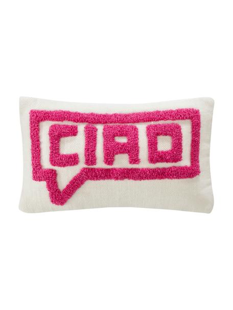 Funda de cojín texturizada de diseño Ciao, Parte delantera: 80% lana, 20% algodón, Reverso:  100% algodón, Blanco crema, rosa, An 30 x L 50 cm